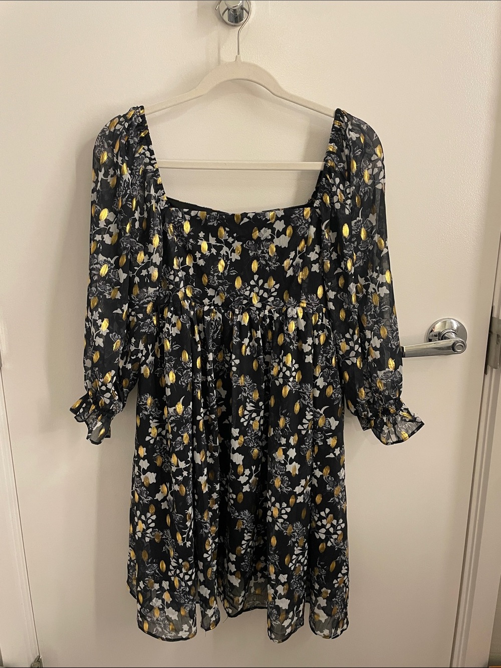 fab'rik Black Floral Square-Neck Mini Dress with Gold and White Print